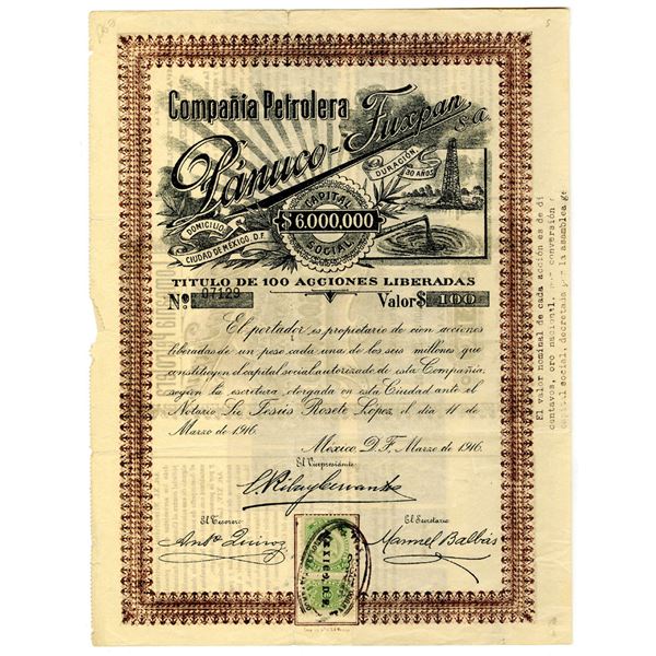 Compania Petrolera Panuco-Fuxpan, 1916, Issued Certificate