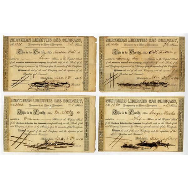 Northern Liberties Gas Co., 1854 to 1858, Group of Cancelled Stock Certificates