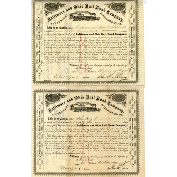 Baltimore and Ohio Rail Road Co., 1873-1875, Stock Certificate Pair