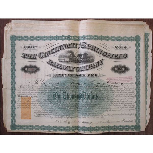 Cincinnati and Springfield Railway Co. 1871 I/C Bond Group of 25, All with Multiple Imprinted U.S. I