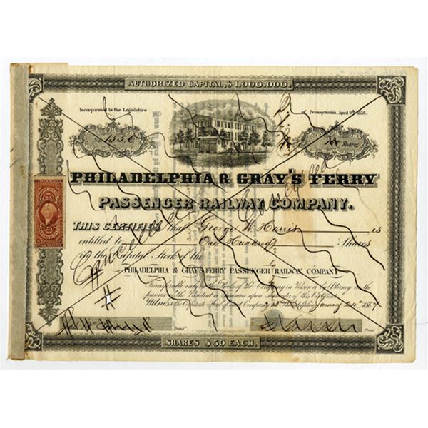 Philadelphia & Gray's Ferry Passenger Railway Co., 1867, Cancelled Stock Certificate