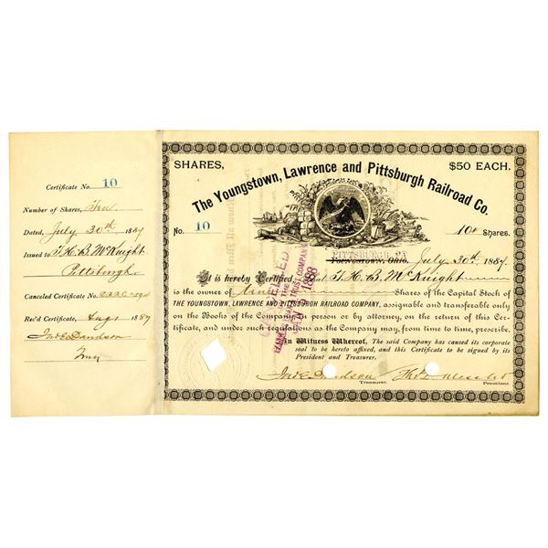 Youngstown, Lawrence and Pittsburgh Railroad Co. 1887 I/C Stock Certificate