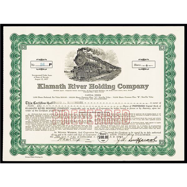 Klamath River Holding Co. 1927 I/U Stock Certificate.