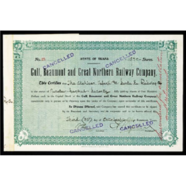 Gulf, Beaumont and Great Northern Railway Co. 1906 I/C Stock Certificate.