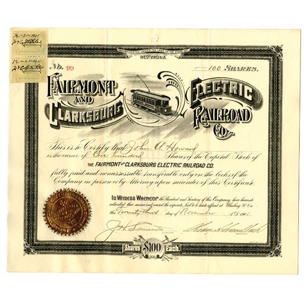 Fairmont and Clarksburg Electric Railroad Co., 1901 I/U Stock Certificate.