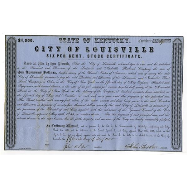 Louisville and Nashville Railroad Co., City of Louisville, 1855, I/C 6% Bond Certificate