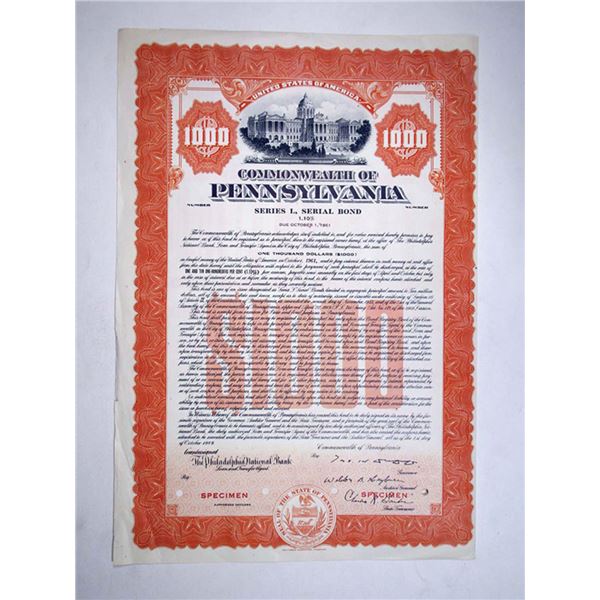 Commonwealth of Pennsylvania. 1949, Specimen Coupon Bond