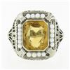 Image 4 : Antique 14K Gold Rectangular Bezel Citrine Seed Pearl Halo w/ Open Filigree Ring