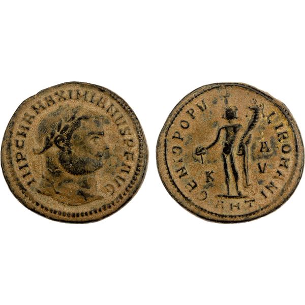 ROMAN EMPIRE: Maximianus, 286-305 AD, AE follis (9.19g), Antioch, 300-301, F-VF attractive red patin