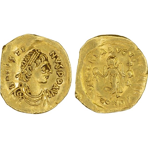 BYZANTINE EMPIRE: Justin I, 518-527, AR tremissis (1.37g), Constantinople, VF