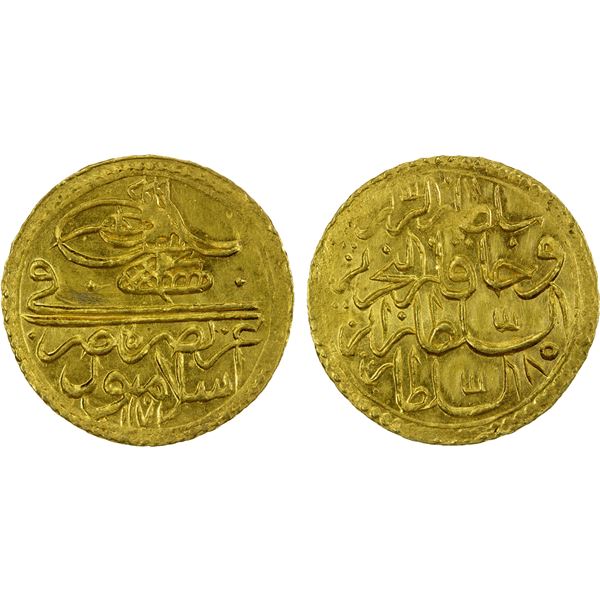 OTTOMAN TURKEY: Mustafa III, 1757-1774, AV zeri mahbub (2.64g), Islambul, AH1171/85, UNC