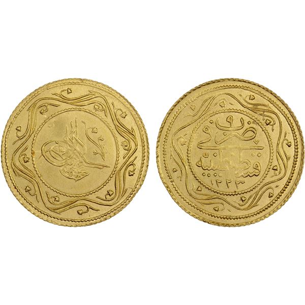 OTTOMAN TURKEY: Mahmud II, 1808-1839, AV 2 rumi altin (4.78g), Kostantiniye, AH1223 year 9, UNC
