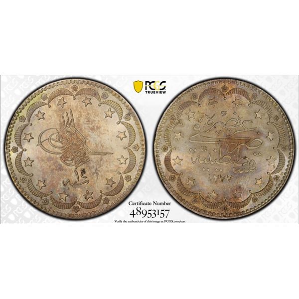 OTTOMAN TURKEY: Abdul Aziz, 1861-1876, AR 20 kurush, Kostantiniye, AH1277 year 14, PCGS UNC Details