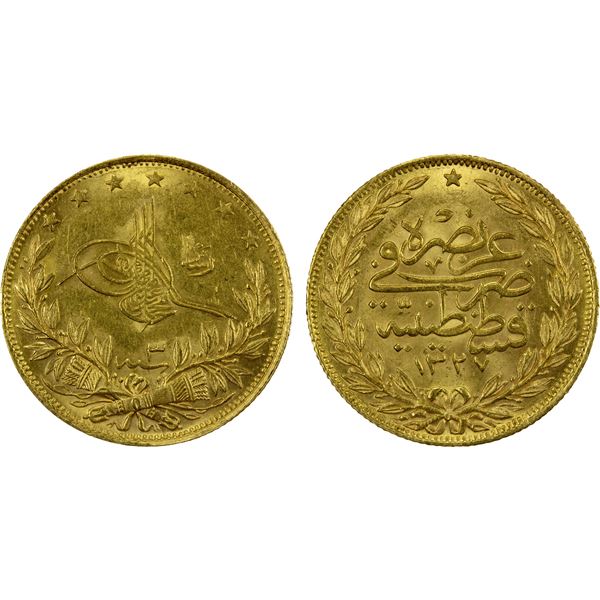 OTTOMAN TURKEY: Mahmet V, 1909-1918, AV 100 kurush, Kostantiniye, AH1327 year 3, choice AU