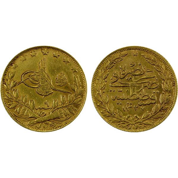 OTTOMAN TURKEY: Mahmet V, 1909-1918, AV 100 kurush, Kostantiniye, AH1327 year 9, XF