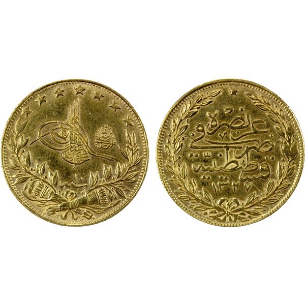 OTTOMAN TURKEY: Mahmet V, 1909-1918, AV 100 kurush, Kostantiniye, AH1327 year 10, XF-AU