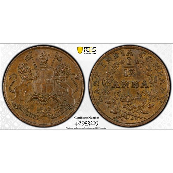 BRITISH INDIA: William IV, 1830-1837, AE 1/12 anna, 1835(m), PCGS MS63 BN