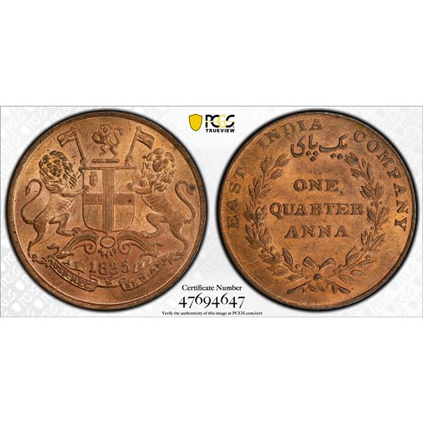 BRITISH INDIA: William IV, 1830-1837, AE 1/4 anna, 1835(c), PCGS MS65 RB