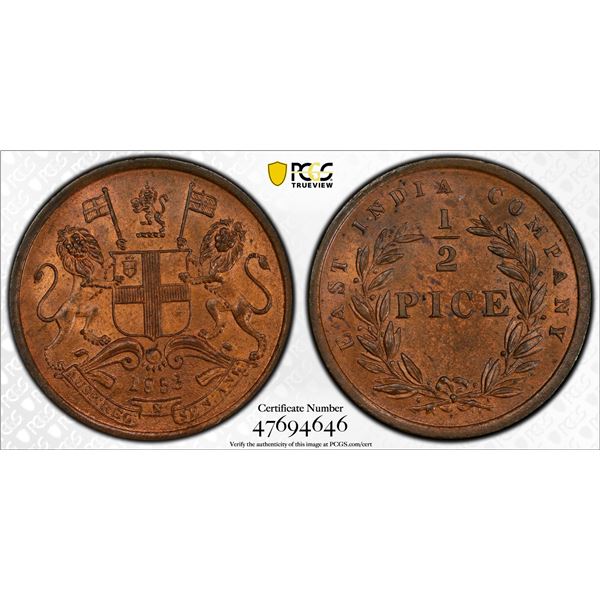 BRITISH INDIA: Victoria, Queen, 1837-1876, AE 1/2 pice, 1853(c), PCGS MS64 RB