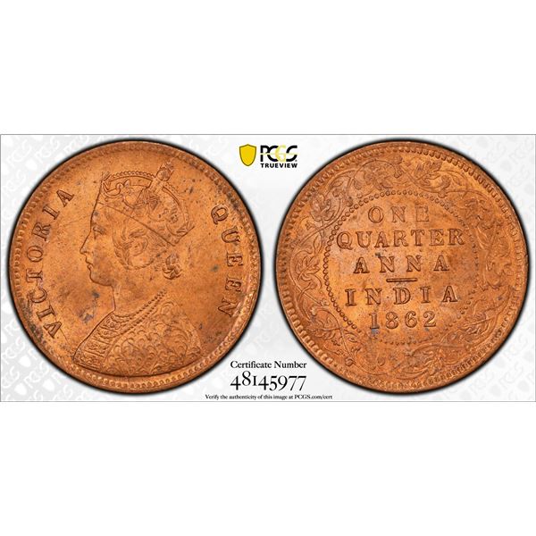 BRITISH INDIA: Victoria, Queen, 1837-1876, AE 1/4 anna, 1862(m), PCGS MS64 RB