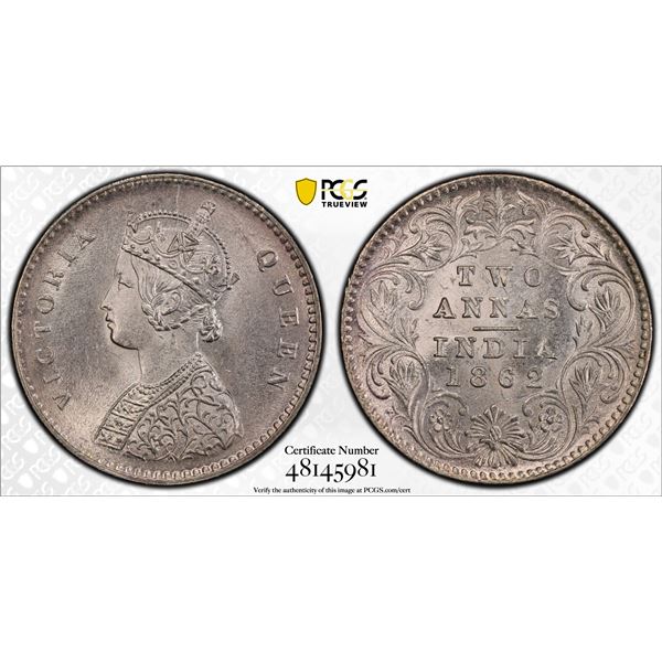 BRITISH INDIA: Victoria, Queen, 1837-1876, AR 2 annas, 1862(c), PCGS MS64