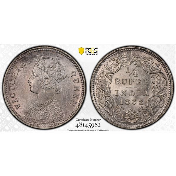 BRITISH INDIA: Victoria, Queen, 1837-1876, AR 1/4 rupee, 1862(c), PCGS MS63