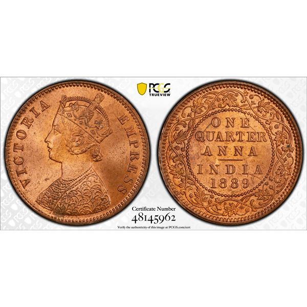 BRITISH INDIA: Victoria, Empress, 1876-1901, AE 1/4 anna, 1889(c), PCGS MS65 RB