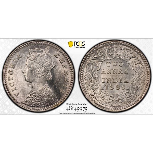 BRITISH INDIA: Victoria, Empress, 1876-1901, AR 2 annas, 1885-C, PCGS MS65