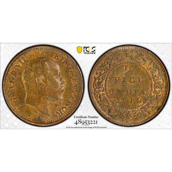 BRITISH INDIA: Edward VII, 1901-1910, AE 1/2 pice, 1910(c), PCGS MS63 BN