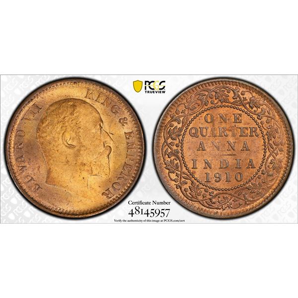 BRITISH INDIA: Edward VII, 1901-1910, AE 1/4 anna, 1910(c), PCGS MS65 RB