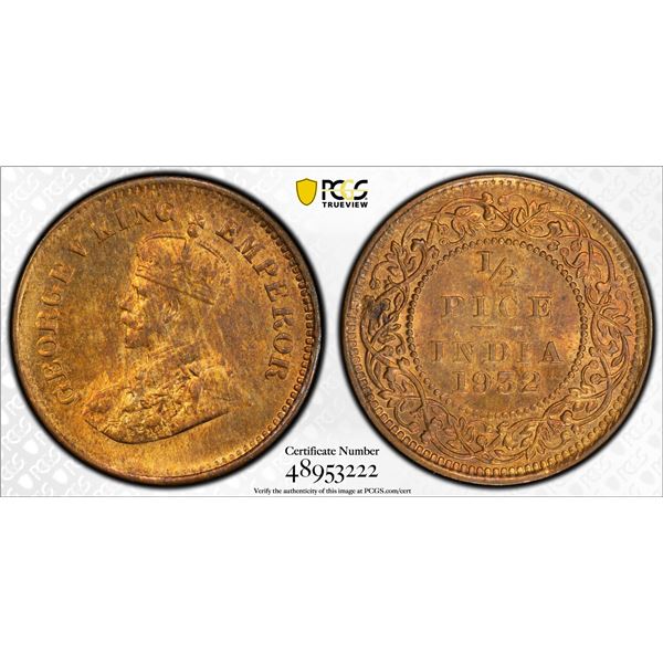 BRITISH INDIA: George V, 1910-1936, AE 1/2 pice, 1923(c), PCGS MS64 RB