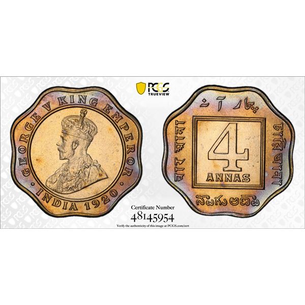 BRITISH INDIA: George V, 1910-1936, 4 annas, 1920(c), PCGS MS62