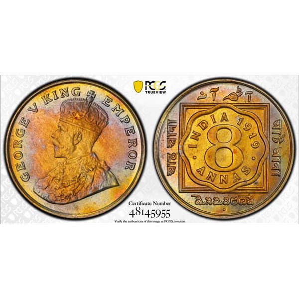 BRITISH INDIA: George V, 1910-1936, 8 annas, 1919(b), PCGS MS61