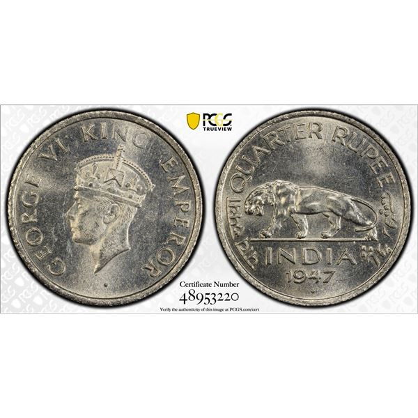 BRITISH INDIA: George VI, 1936-1947, 1/4 rupee, 1947(b), PCGS MS63