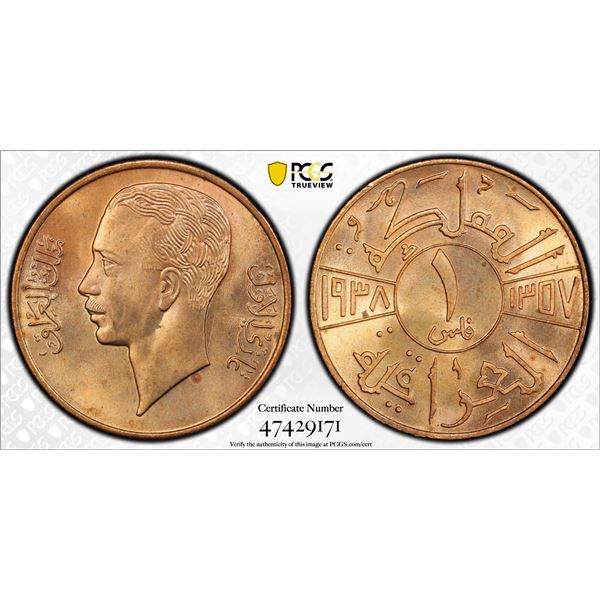 IRAQ: Ghazi I, 1933-1939, AE fils, 1938/AH1357, PCGS MS64 RD