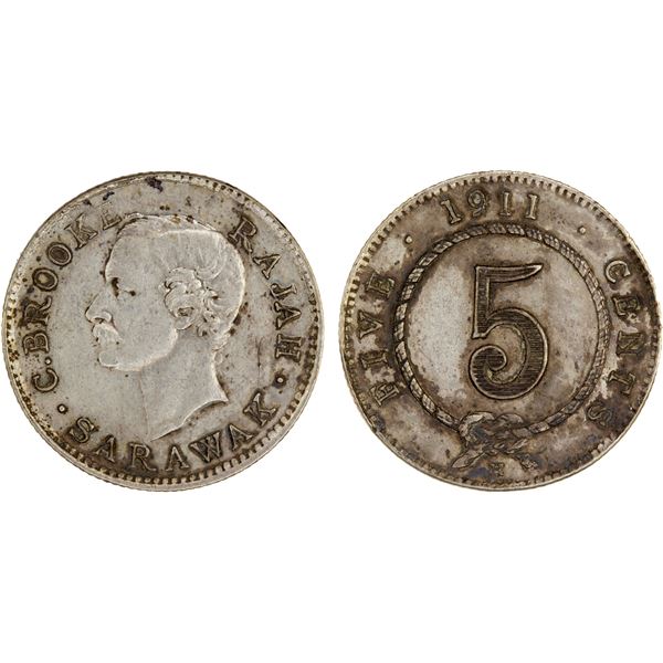 SARAWAK: Charles J. Brooke, 1868-1917, AR 5 cents, 1911-H, VF-XF