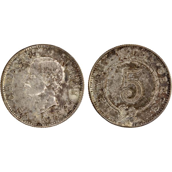SARAWAK: Charles J. Brooke, 1868-1917, AR 5 cents, 1913-H, strong XF