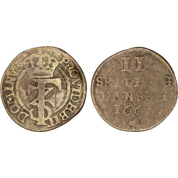 DENMARK: BI 2 skilling (0.95g), 1665 (k), Fine