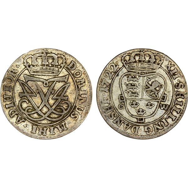 DENMARK: Frederik IV, 1699-1730, AR 12 skilling, 1722, VF