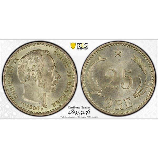 DENMARK: Christian IX, 1863-1906, AR 25 ore, 1900, PCGS MS63