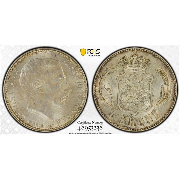 DENMARK: Christian X, 1912-1947, AR krone, 1916, PCGS MS62