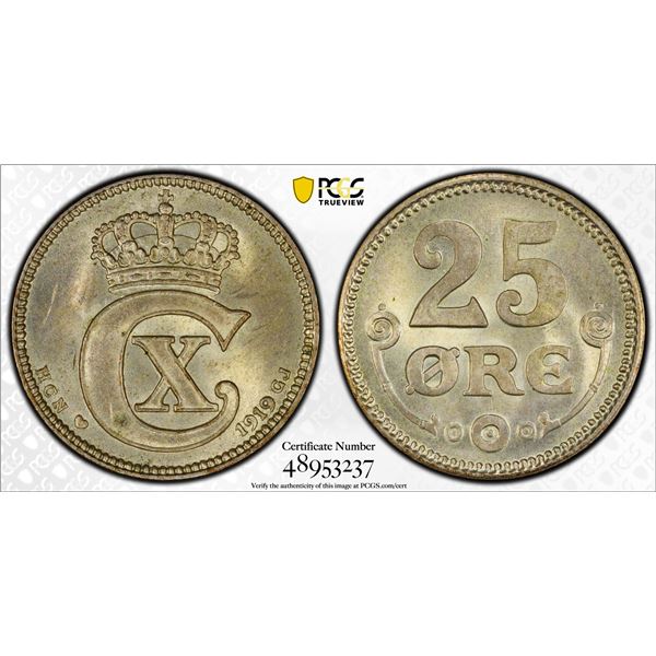 DENMARK: Christian X, 1912-1947, AR 25 ore, 1919, PCGS MS64