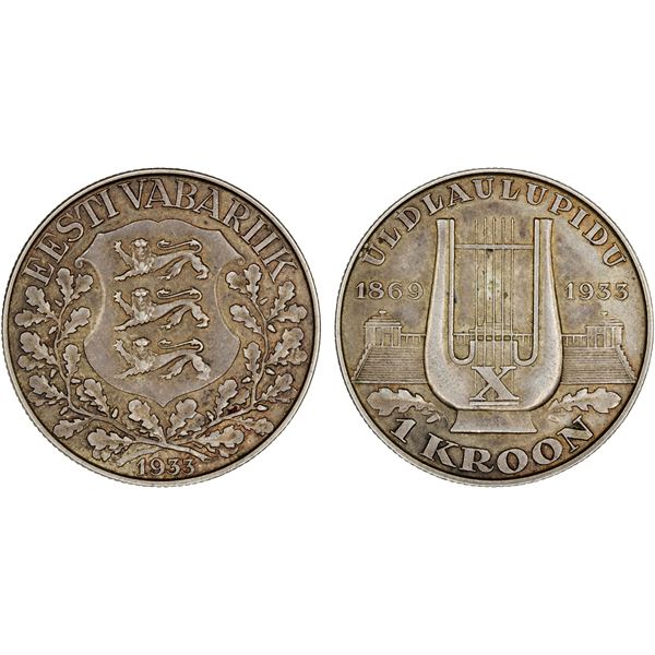 ESTONIA: Republic, AR kroon, 1933, Choice XF