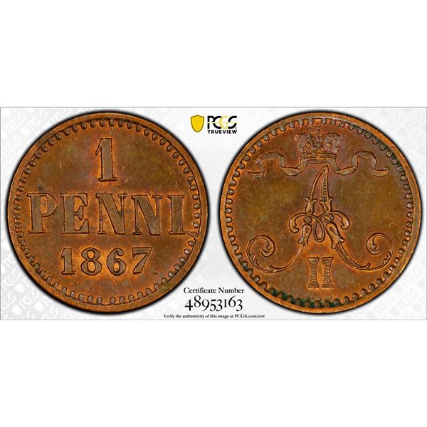 FINLAND: Alexander II, Grand Duke, 1855-1881, AE penni, 1867, PCGS MS63 RB