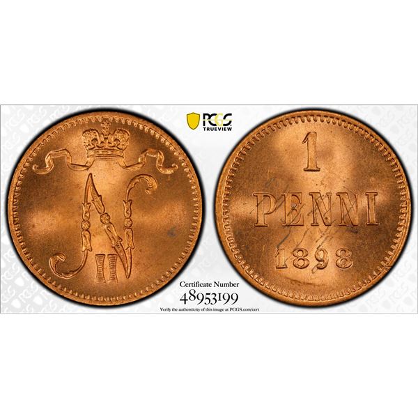 FINLAND: Nicholas II, Grand Duke, 1894-1917, AE penni, 1898, PCGS MS65 RD