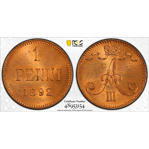 FINLAND: Alexander III, Grand Duke, 1881-1894, AE penni, 1892, PCGS MS64 RD