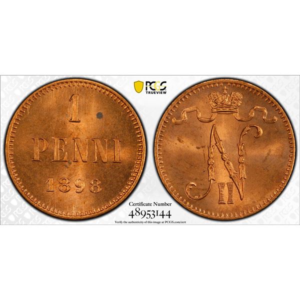 FINLAND: Nicholas II, Grand Duke, 1894-1917, AE penni, 1898, PCGS MS65 RD