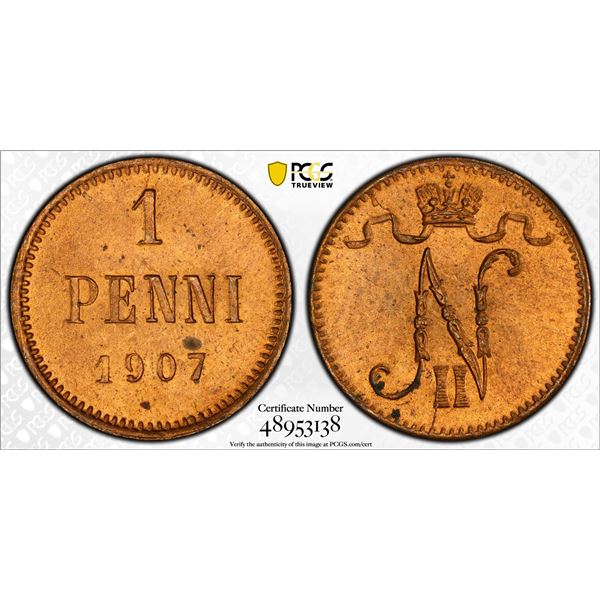 FINLAND: Nicholas II, Grand Duke, 1894-1917, AE penni, 1907, PCGS MS65 RD