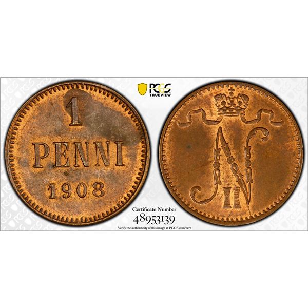 FINLAND: Nicholas II, Grand Duke, 1894-1917, AE penni, 1908, PCGS MS63 RB