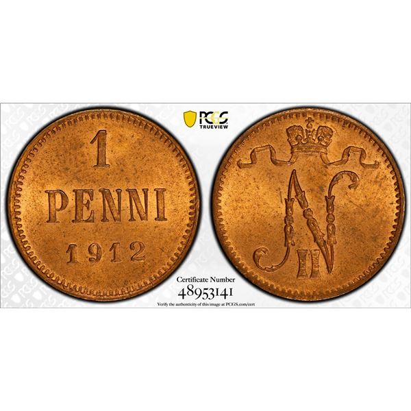 FINLAND: Nicholas II, Grand Duke, 1894-1917, AE penni, 1912, PCGS MS65 RD